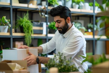 Ecommerce logistics, product labeling, and distribution courier, delivery, and businessmen with box. Shipping, supply chain, or entrepreneur arranging a retail package, freight parcel, or cargo