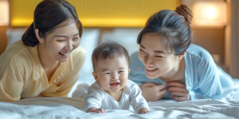 Obraz premium Happy family, love, and sisters with baby on bed for bonding, relaxation, and chat at home. Smile, infant or female children lying with baby boy in bedroom with comfort, security, or care