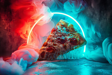 A piece of pizza that looks almost surreal, with light cyan, red, and blue neon lights creating a halo around it. 