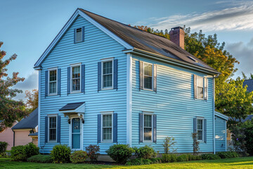 A radiant apricot-colored house nestled in the suburban neighborhood, its pale blue siding blending harmoniously with the traditional windows and shutters. 