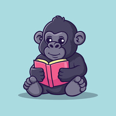 Cute gorilla reading book simple flat vector illustration