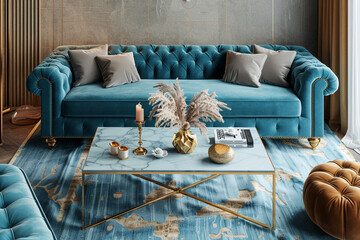 A refined living room with a cerulean velvet sofa, minimalist coffee table, and delicate gold accents, complemented by a plush carpet and elegant pouf, all in vivid ultra HD.