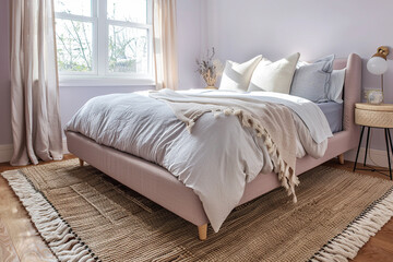 A serene powder pink bedroom with a natural fiber rug and a comfortable, oversized bed.