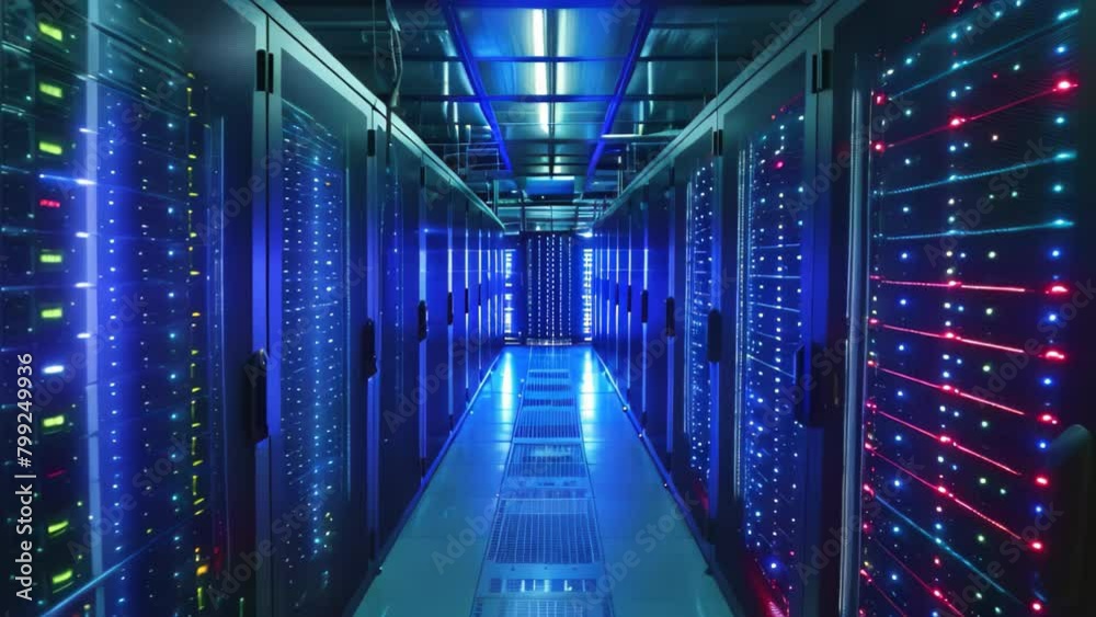 Poster a photo capturing the orderly arrangement of server rows in a data center, illuminated with blue and