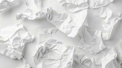 Array of scattered crumpled paper balls on a clean white surface