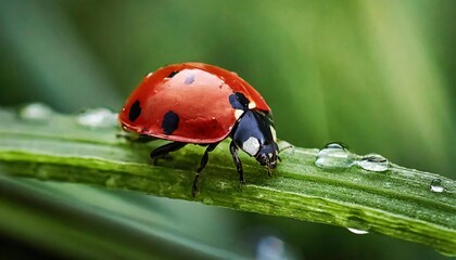Obraz premium Ladybug on leaves and grass macro photography