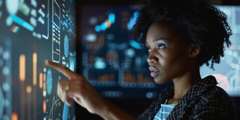 Computer, hologram, and office woman with research or cyber networking interface. Technology, overlay, and female staff member using futuristic fintech at night.