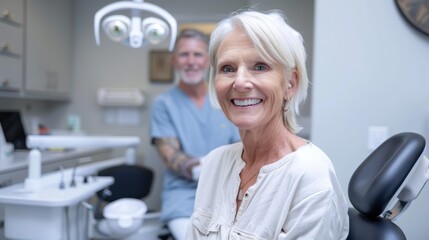 Portrait, face, or doctor with smiling woman having eye checkup at optometrist. Senior optician checks eyesight, iris, and retina for elderly consumer. - obrazy, fototapety, plakaty