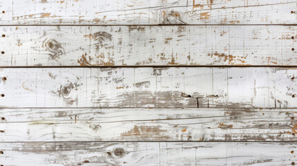 Close-up of distressed white wood planks with peeling paint and rustic charm