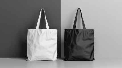 Black Tote Bag on Grey Background - Blank Canvas for Advertising and Branding Up High
