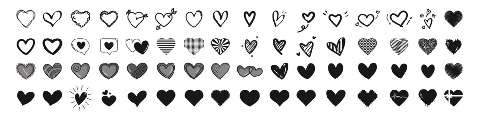 Set of heart vector icons isolated on white background. Big set of hearts