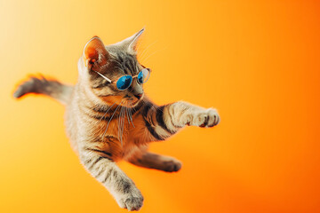 Playful Siamese Orange Cat with Purple Aviator Glasses on Matching Orange Background