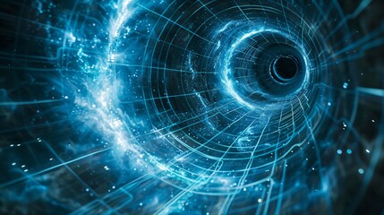 Abstract blue quantum tunnel with particles for cutting-edge physics research