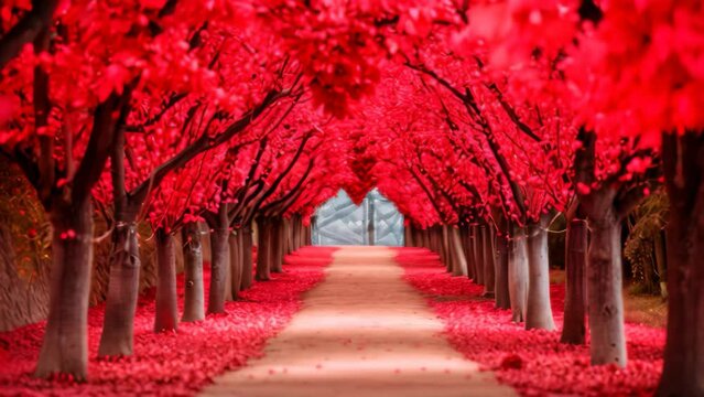 A pathway surrounded by trees with vibrant red leaves creates a picturesque scene, Valentine&acirc;&euro;&trade;s Day lovers&acirc;&euro;&trade; lane with heart-shaped trees lining the path