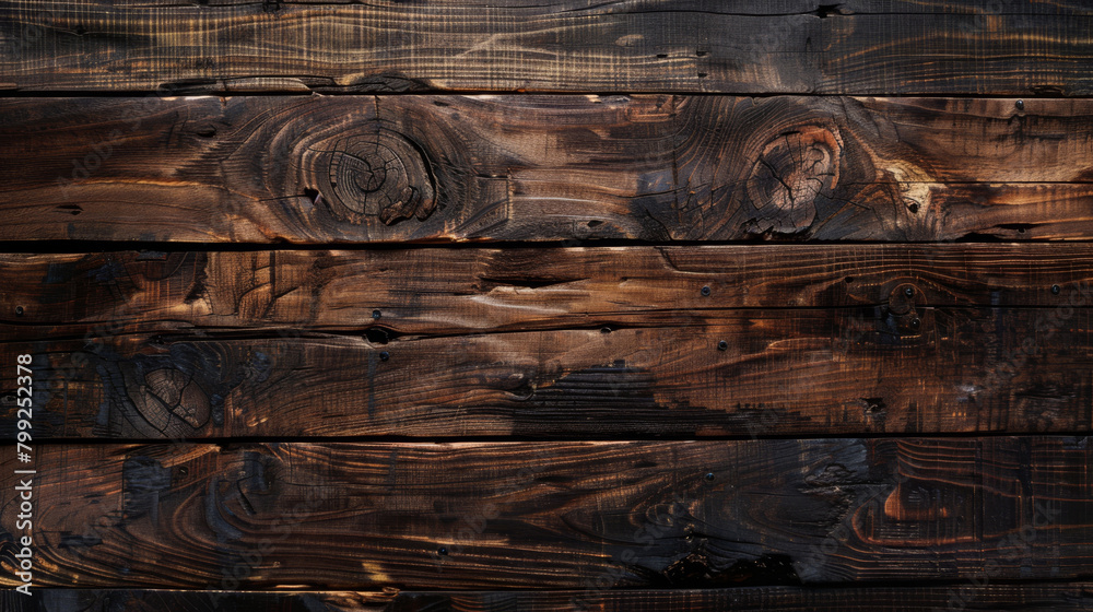 Aufkleber Detailed patterns and grain of a dark-stained wood surface captured in high-resolution image