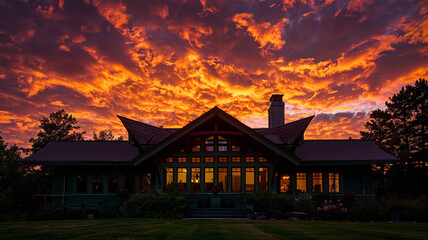 Behind view of a forest green craftsman cottage with a butterfly roof, set against the backdrop of a vibrant sunset, the silhouette of the house merging with the dramatic colors of the sky.