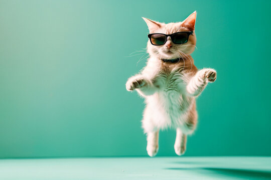 Playful White Fluffy Cat with Black Glasses on Turquoise Studio Background