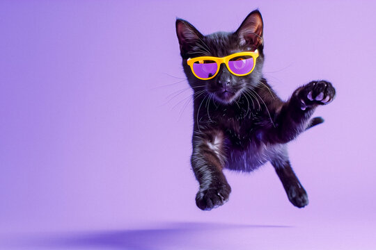 Playful Black Cat with Yellow Glasses on Purple Studio Background