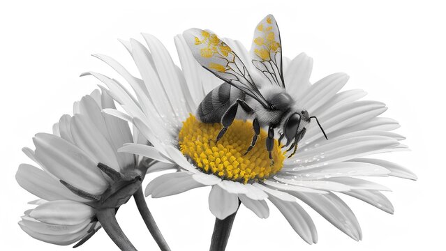 A Monochromatic Dance of Nature: A Bee with Golden Wings Graces the Petals of a Blooming Daisy, Illustrating the Silent Symphony of Pollination