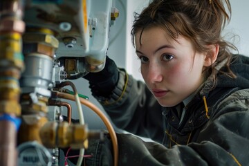 Female Plumber Apprentice - Working and Repairing Central Heating Boiler