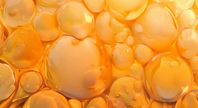 Close-up of orange bubbles floating in a clear liquid
