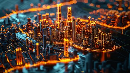 Fototapeta premium Advanced AI neural network visualized as a sprawling city, data streams glowing like neon lights