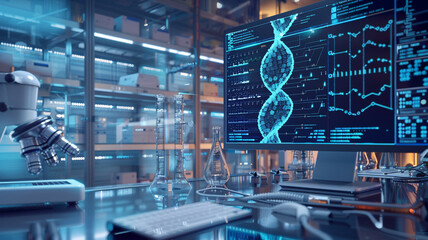 Detailed image of a laboratory specializing in the development of bioinformatics tools for disease prediction, emphasizing genetic data analysis and software platforms 32k, - Powered by Adobe