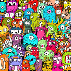 Naklejka premium Many monsters, doodle art style, colorful, illustration generated by Ai