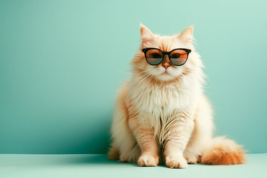 Playful White Fluffy Cat with Black Glasses on Turquoise Studio Background