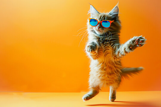 Playful Siamese Orange Cat with Purple Aviator Glasses on Matching Orange Background