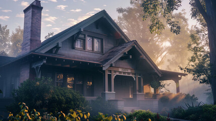 Early morning perspective of a misty grey craftsman cottage with a traditional cross gable roof, the dawn light filtering through a light fog, enveloping the home in a soft, ethereal blanket.