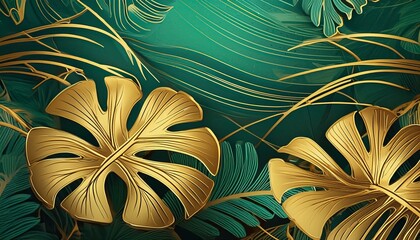 Golden Finesse: Philodendron and Monstera in Emerald - obrazy, fototapety, plakaty
