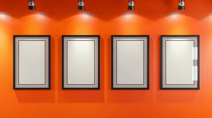 Four empty frames with sleek black borders on a vibrant orange wall, each under a series of spotlights
