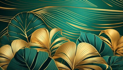 Luxurious Botanical: Golden Philodendron on Emerald Background - obrazy, fototapety, plakaty