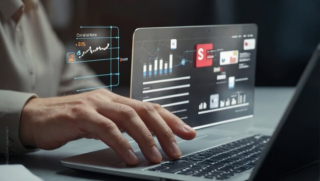 Businessman using laptop for digital marketing and social media advertising