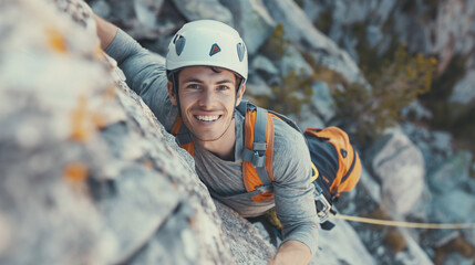 Mountain Climbing: Cheerful Caucasian Male Scaling a Mountain Side, wearing a helmet and a backpack. 