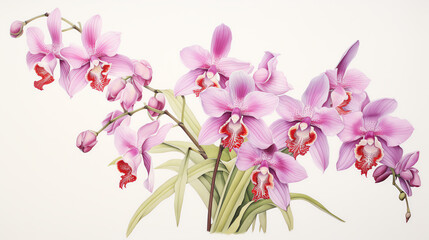Create a detailed botanical drawing of a rare orchid, highlighting its unique structure and coloration