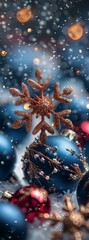 Fototapeta premium Enchanting Winter Wonderland with Christmas Decorations and Sparkling Snowflakes，Winter snow background with Christmas toys, snowdrifts, beautiful lights and snowflakes on night blue sky, banner forma
