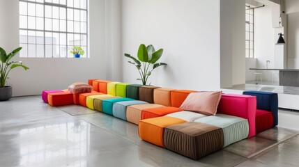 Colorful modular sofa in a bright minimalist studio apartment with natural light