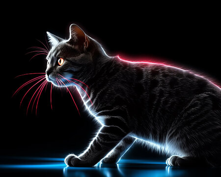 Develop an animated gif of a cat playfully chasing a laser pointers light across different fun backgrounds