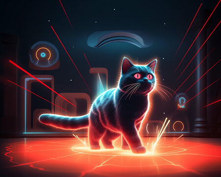 Develop an animated gif of a cat playfully chasing a laser pointers light across different fun backgrounds