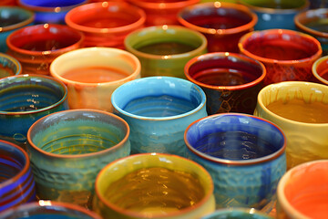 Colorful ceramic cups sit arranged in an artistic display, each one a unique expression of creativity and craftsmanship - obrazy, fototapety, plakaty