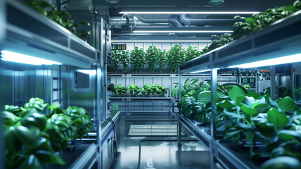 HD visualization of a biotech research facility focused on enhancing photosynthesis in crops to...