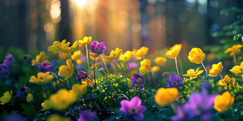Yellow and purple flowers bloom in a forest at sunset, creating a vibrant and serene natural scene