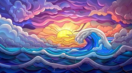ocean waves, sky and clouds stain glass 