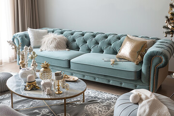 In this high-end living room, a muted teal velvet sofa serves as a chic centerpiece. Accompanied by a sleek coffee table, exquisite gold decorations,