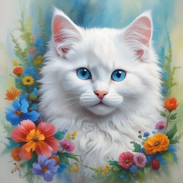 White kitten floral illustration 