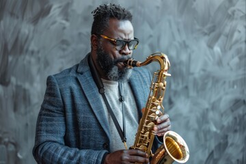 Attractive Jazz Musician Playing Saxophone with Blue Lighting on Background