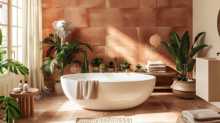 Elegant spa bathroom featuring a freestanding white tub, lush houseplants, and warm lighting