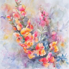 Watercolor Abstract Snapdragon Blossom on a Tree Branch. Beautiful Art Decoration for Design